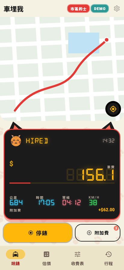 Hired: fare, km, time, waiting